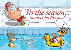 FSHFC Christmas in July - cartoon image of a fat santa laying next to the pool while two reindeer float in the pool
